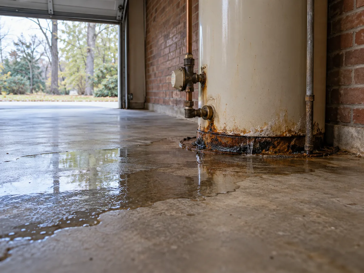 Aging water heater tank at the end of its life with water seeping out below the jacket at the base, Arlington, TX garage
