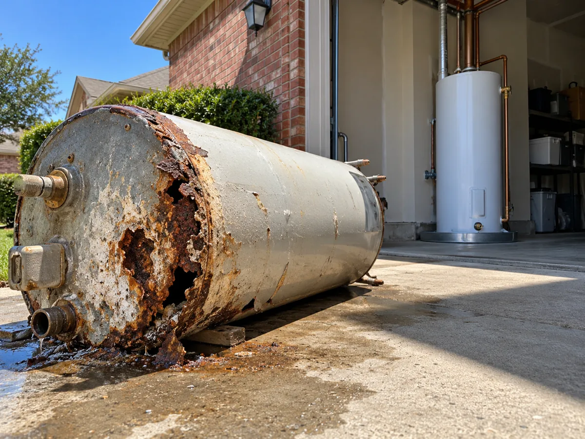 Failed water heater with a corroded shell on the driveway as a replacement heater stands in the Arlington, TX garage