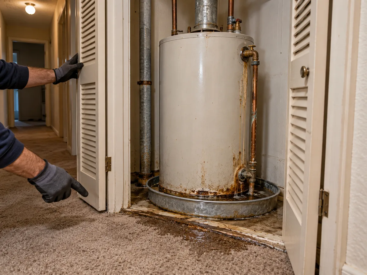 Electric water heater in a louvered hallway closet with a wet carpet edge in Arlington, TX