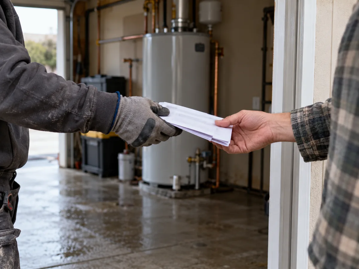 Homeowner taking the permit paperwork for a replaced water heater before the installer leaves, avoiding a penalty