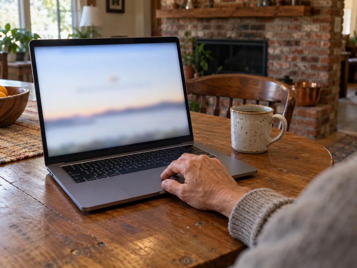 Laptop on a dining table used to look up a plumber's license on the state board website before water heater service