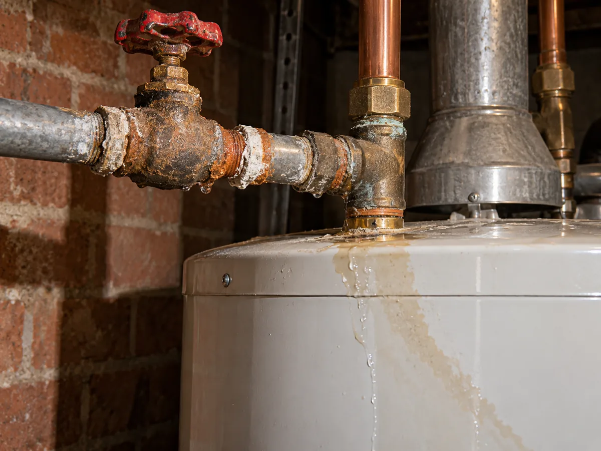 Original corroded shut-off valve and steel nipples weeping above a newer water heater in an Arlington, TX home