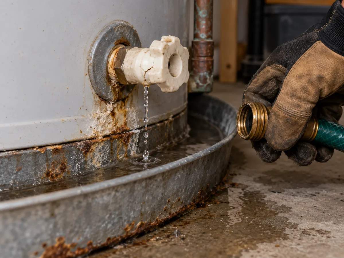 Cracked plastic drain valve weeping water at the base of a water heater in Arlington, TX