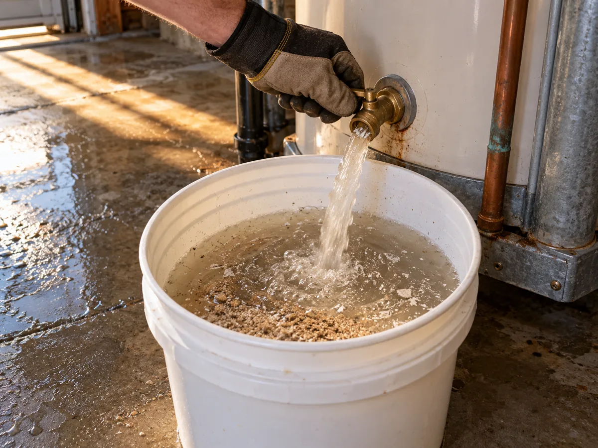 Sediment and minerals flushed from the tank through the drain valve of an Arlington, TX water heater