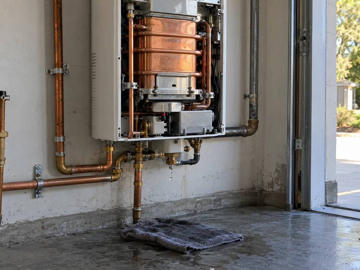 Tankless unit with its cover off and a drip at the water connections near the heat exchanger in an Arlington, TX garage
