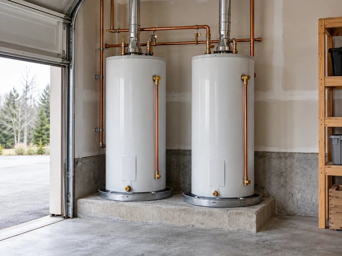 Two water heaters side by side in a garage, the first heater and the extra heater each on the city permit fee