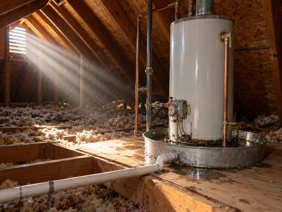 Attic water heater in summer heat with water in the drain pan and its drain line on the platform, Austin, TX