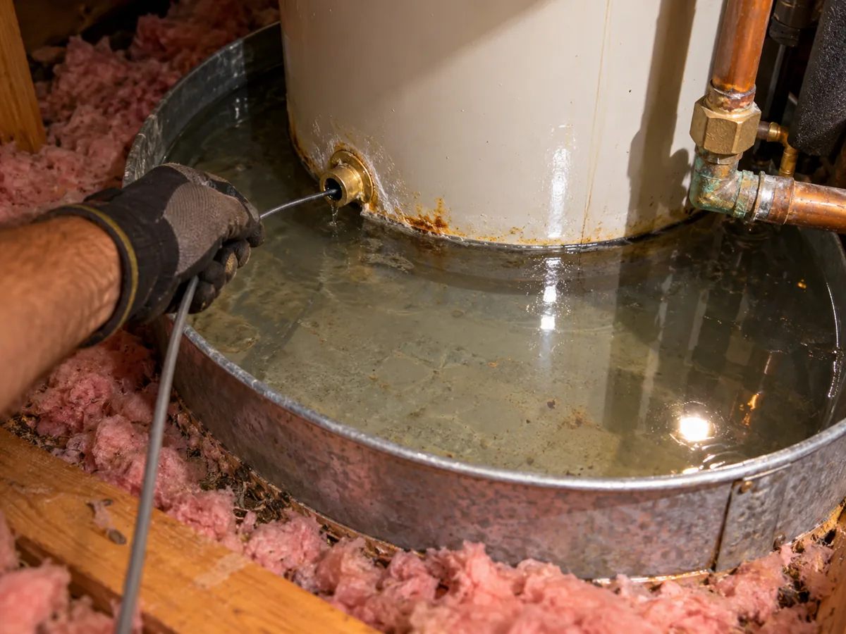 Gloved hand clearing the drain line of an attic water heater pan that is full of water on an Austin, TX attic platform