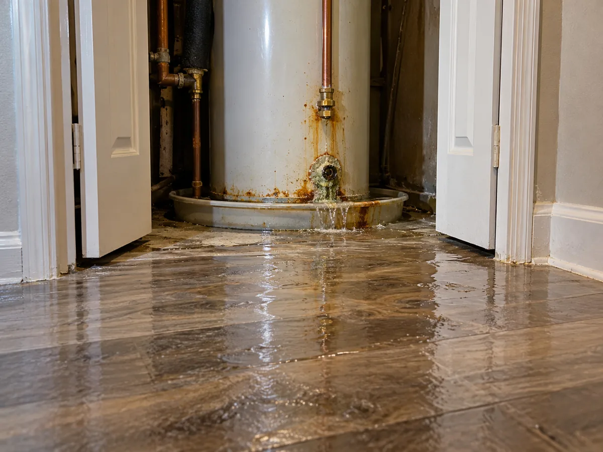 Water heater in a condo hall closet leaking onto the floor toward the unit next door, Austin, TX
