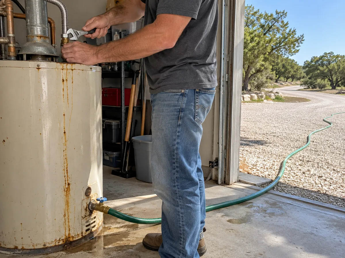 Plumber disconnecting a rusted-out water heater tank after draining it, before the replacement goes in, Austin, TX