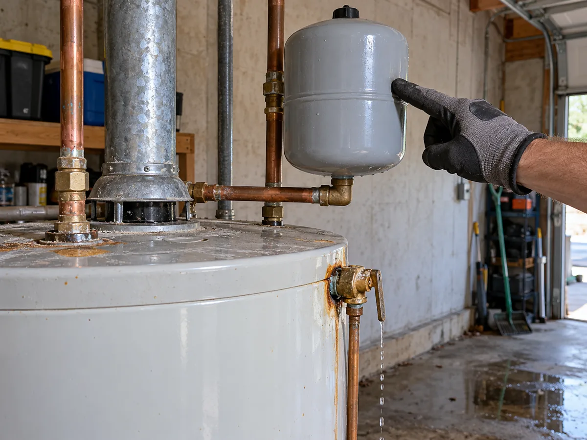 Thermal expansion tank above a water heater in an Austin, TX garage, with a drip at the relief valve below