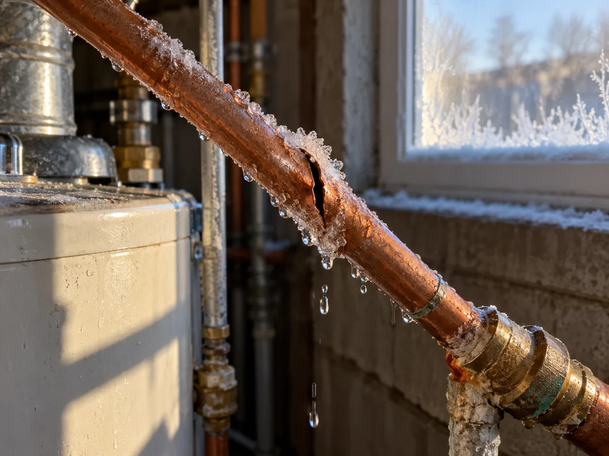 Copper supply line split by a hard freeze above a garage water heater, dripping as the ice melts, Austin, TX