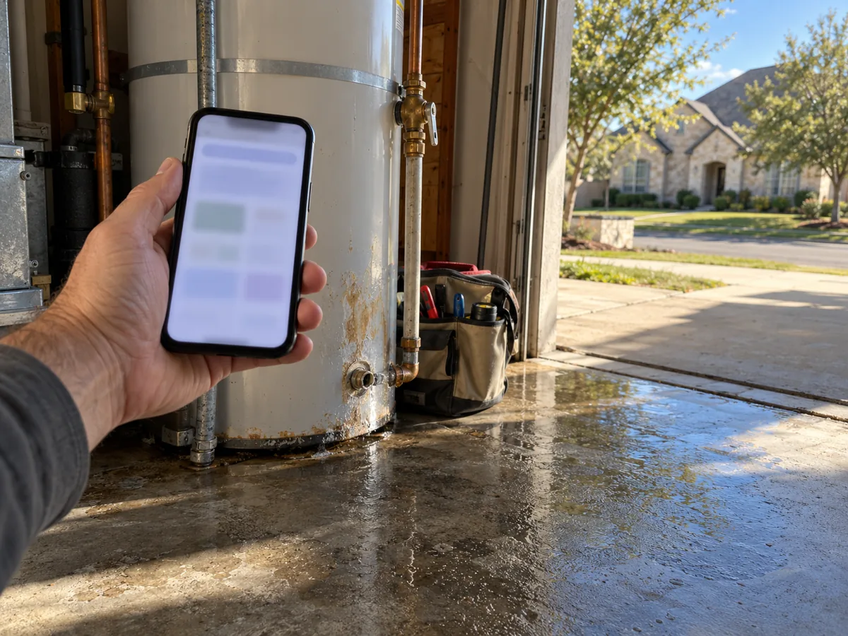 Homeowner looking up a plumber's license on a phone before water heater work begins in an Austin, TX garage