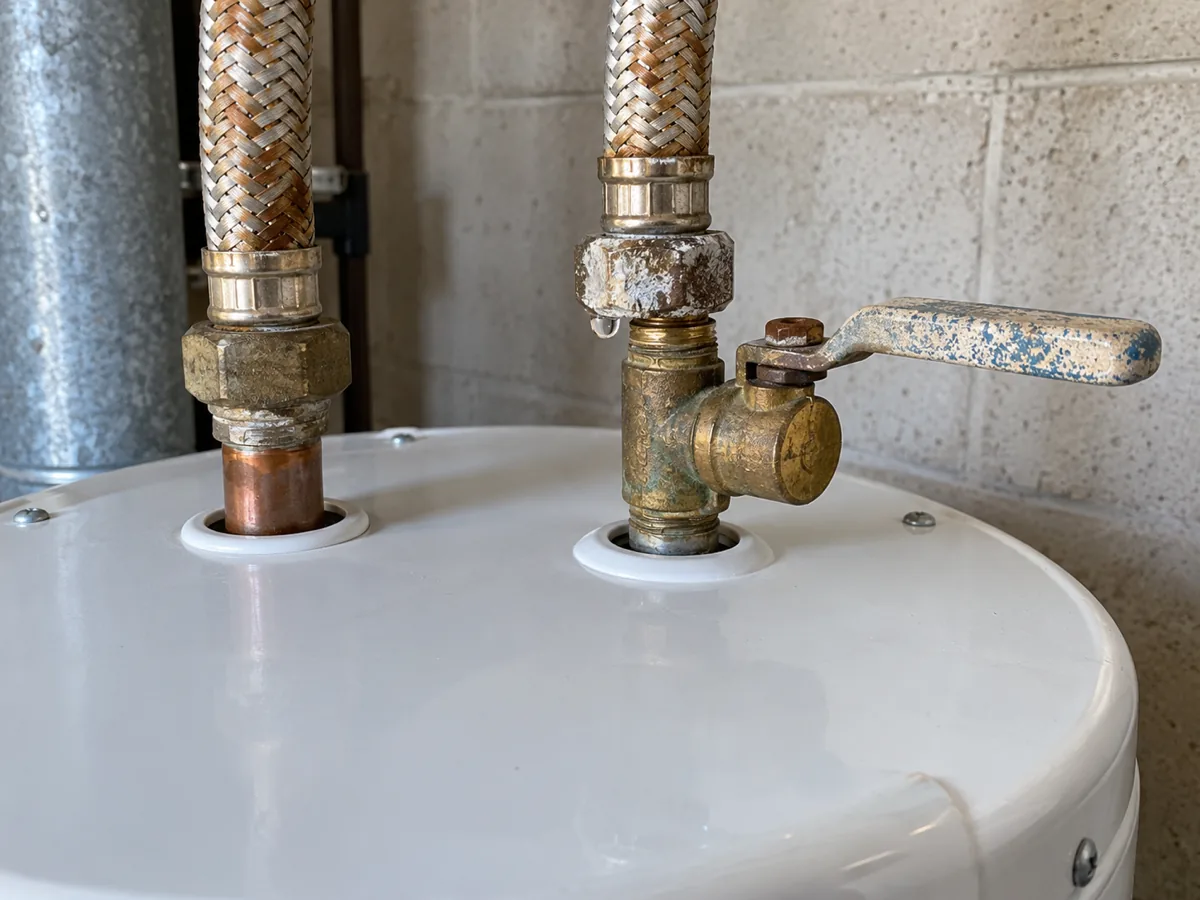Older supply valve and stained connectors on top of a newer water heater tank, where the leak starts, Austin, TX