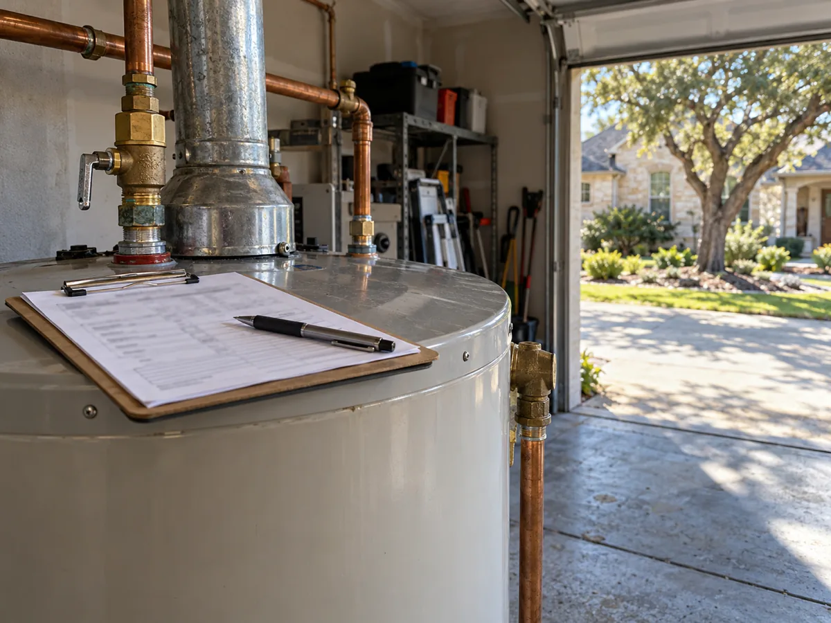 Permit and inspection checklist on a clipboard atop a newly installed water heater in an Austin, TX garage