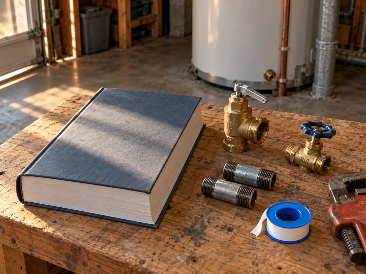 Closed plumbing code book on a workbench beside new brass water heater fittings, the code a plumbing inspector checks