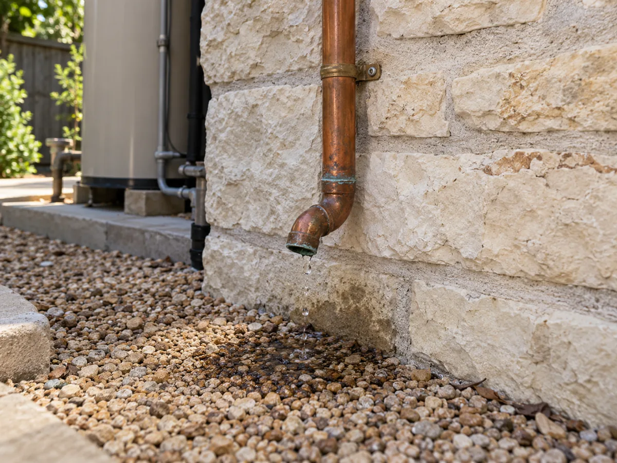 Relief valve discharge pipe dripping on a limestone wall outside an Austin, TX home