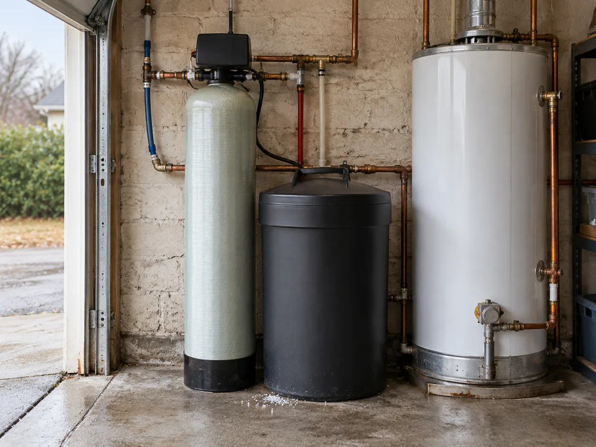 Water softener and brine tank beside a water heater in an Austin, TX garage, a choice rather than a code requirement