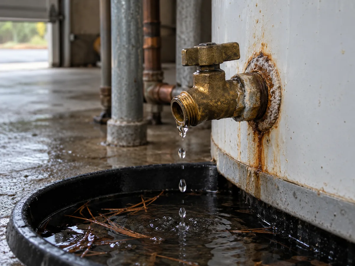Brass drain valve spigot weeping around its threads low on a water heater, dripping into the pan, Conroe, TX