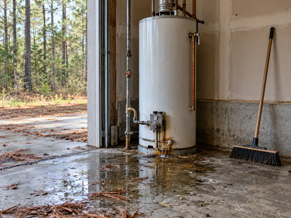 Gas water heater leaking at the base in a Conroe, TX garage open to a pine-wooded lot