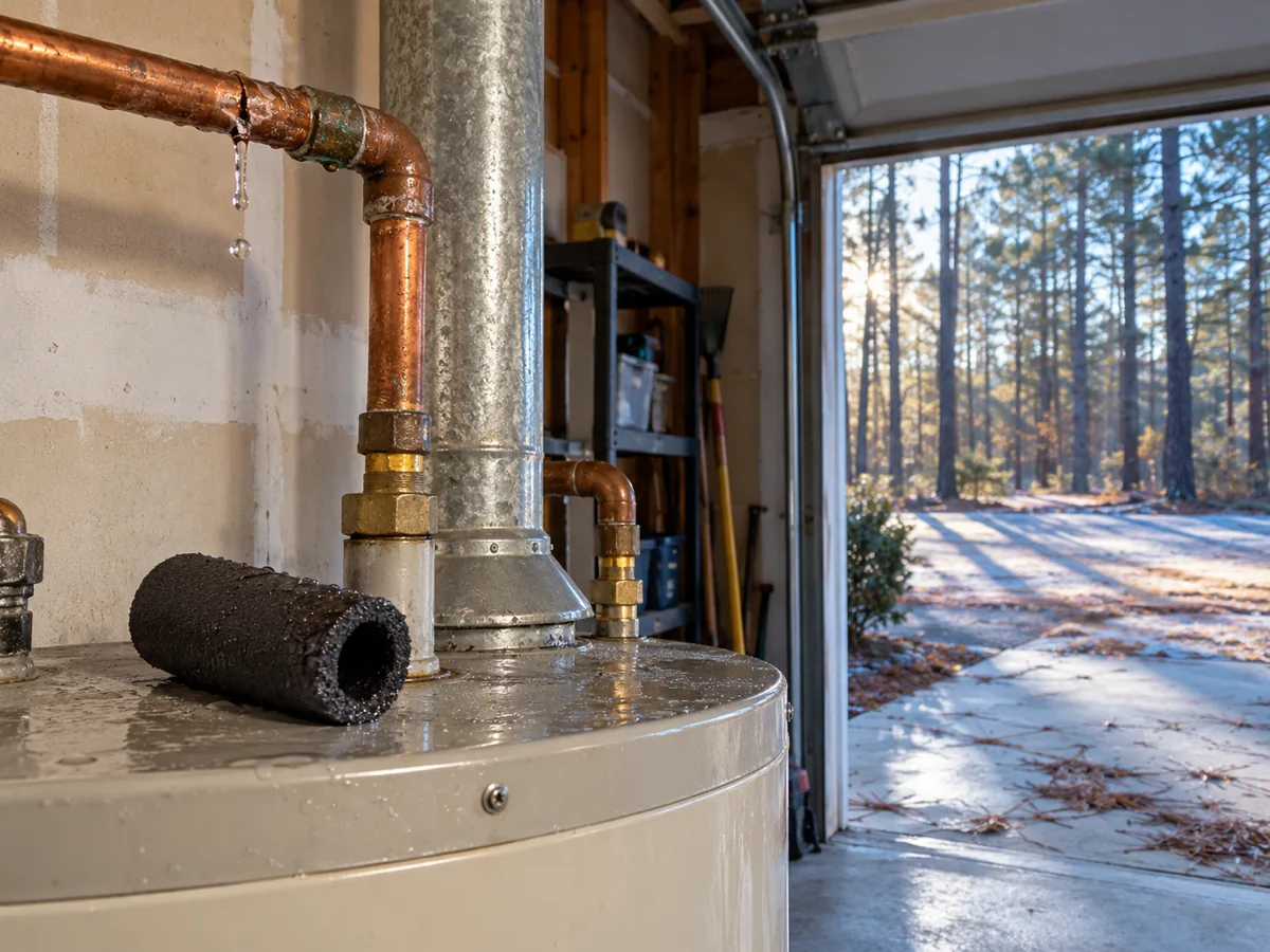 Uninsulated garage supply line dripping above a water heater after a freezing night, pines outside, Conroe, TX