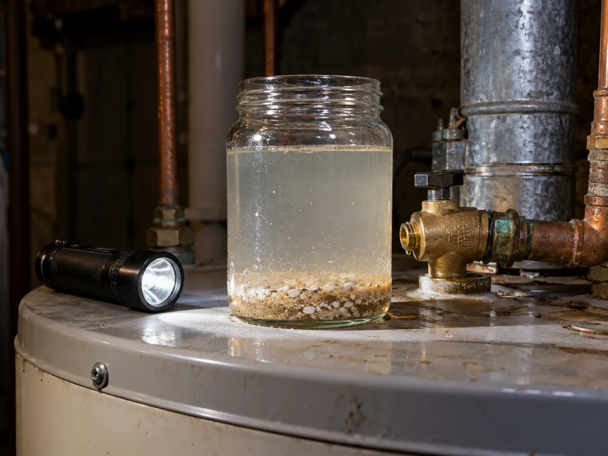 Jar of water from the drain valve with groundwater minerals and sediment settled out of the tank, Conroe, TX