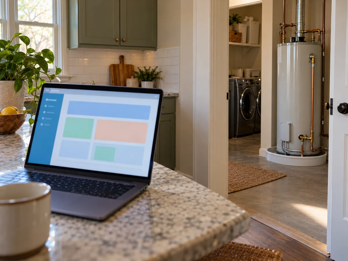Laptop open to an online permit portal to book the inspection once the new heater is in, Conroe, TX home