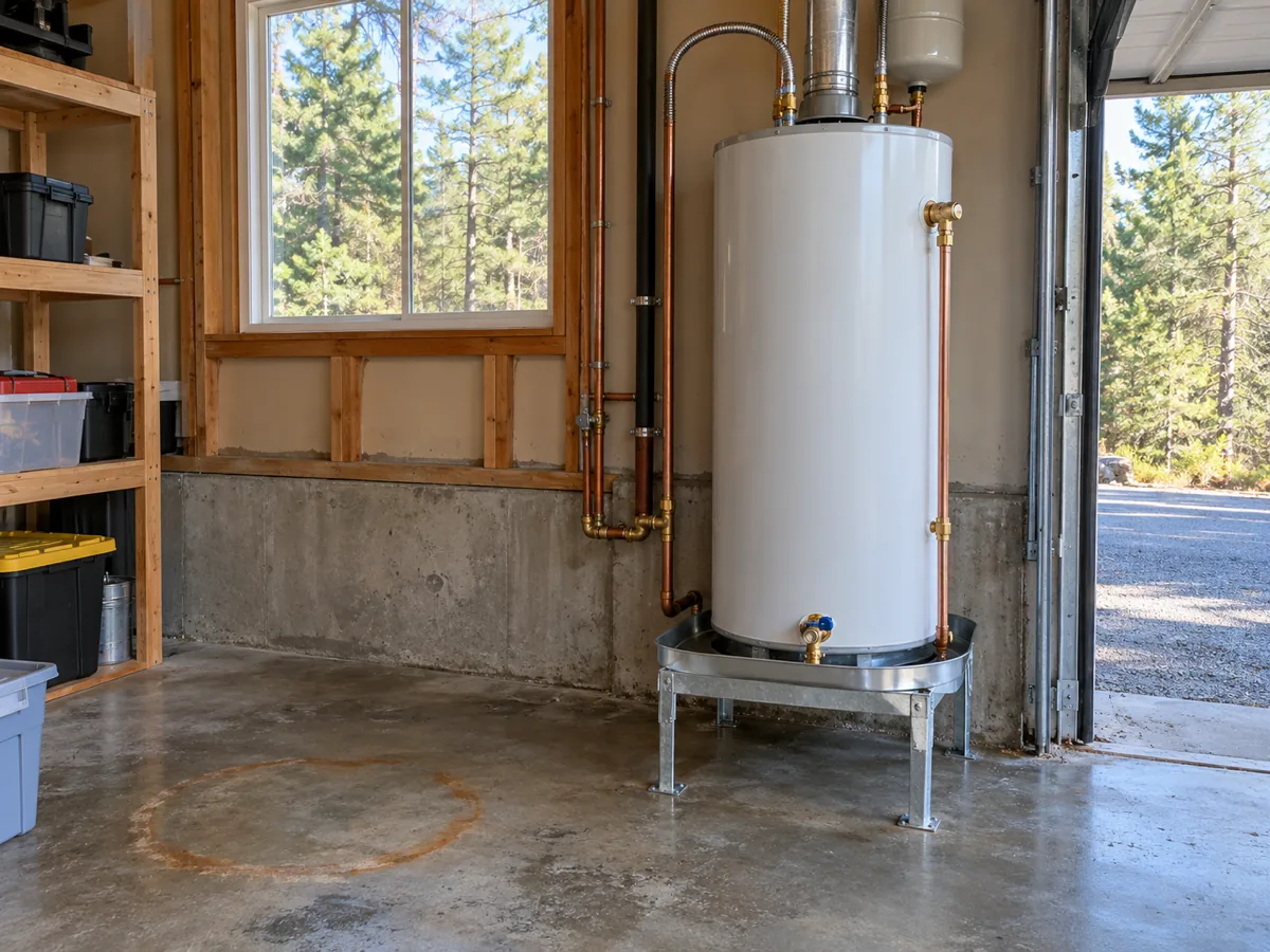 New gas water heater installed where a failed tank leaked, the old rust stain still on the Conroe, TX garage slab