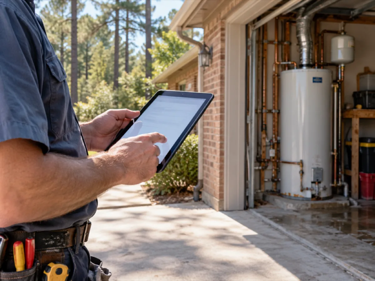 Plumber with a tablet completing city registration before submitting the permit for a Conroe, TX water heater job