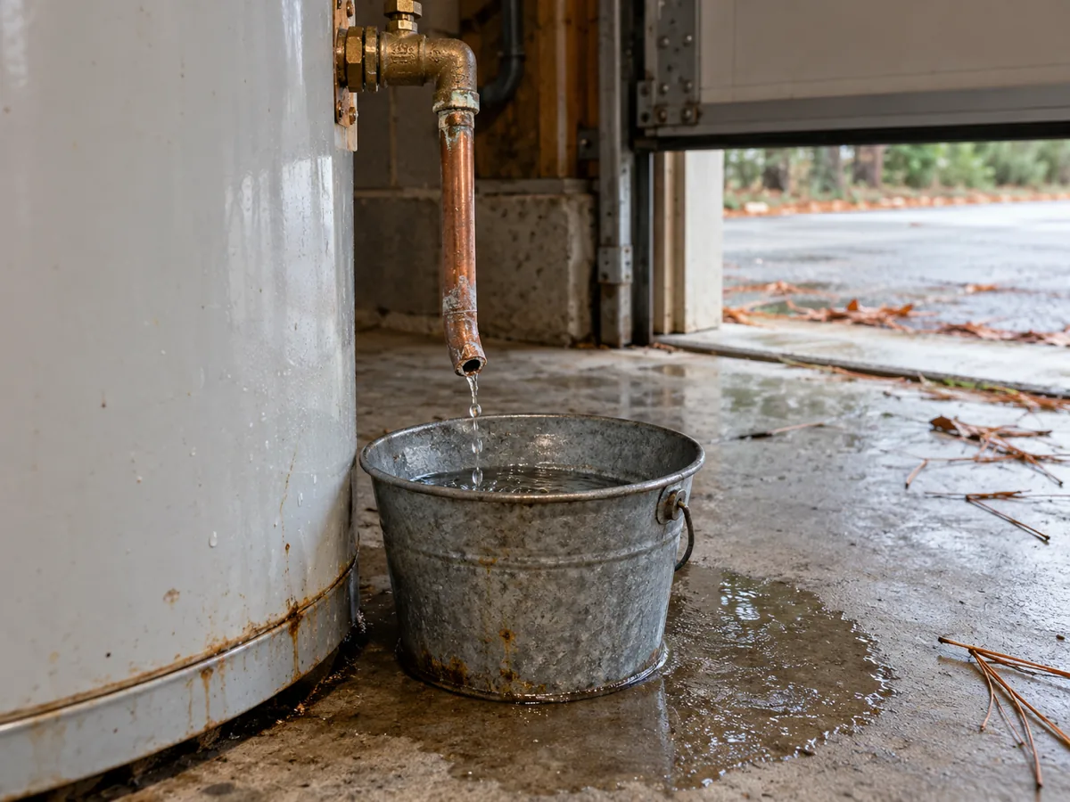 Relief valve drop pipe dripping into a bucket beside a water heater tank, the T&P valve drips, Conroe, TX