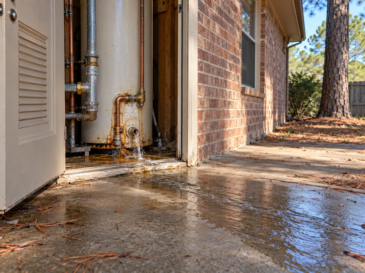 Outside utility closet of a rental duplex with a leaking water heater and water on the patio, Conroe, TX
