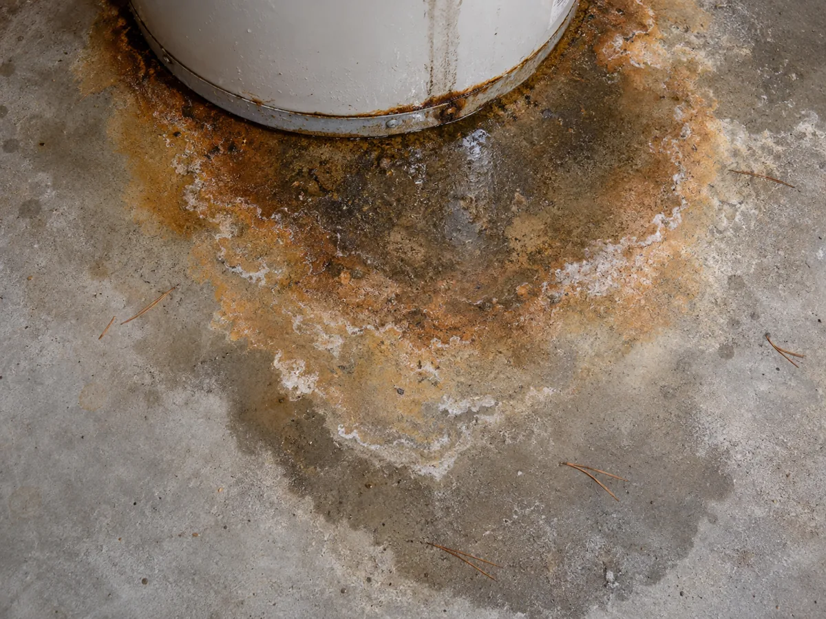 Rust ring and water stain on a garage slab around a water heater base in Conroe, TX