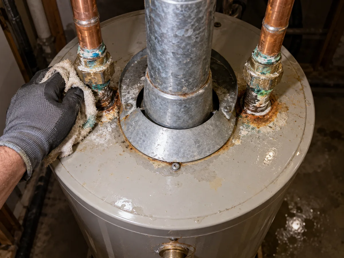 Crusted dielectric unions and nipples on top of a water heater, the usual fittings on top that leak, Conroe, TX