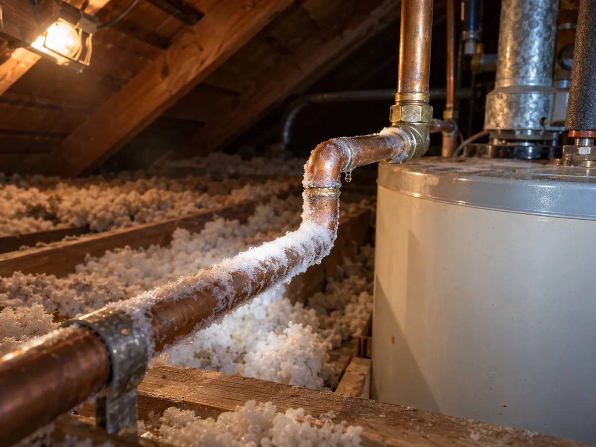 Cracked supply line in an unheated attic above a water heater after freeze nights, Dallas, TX