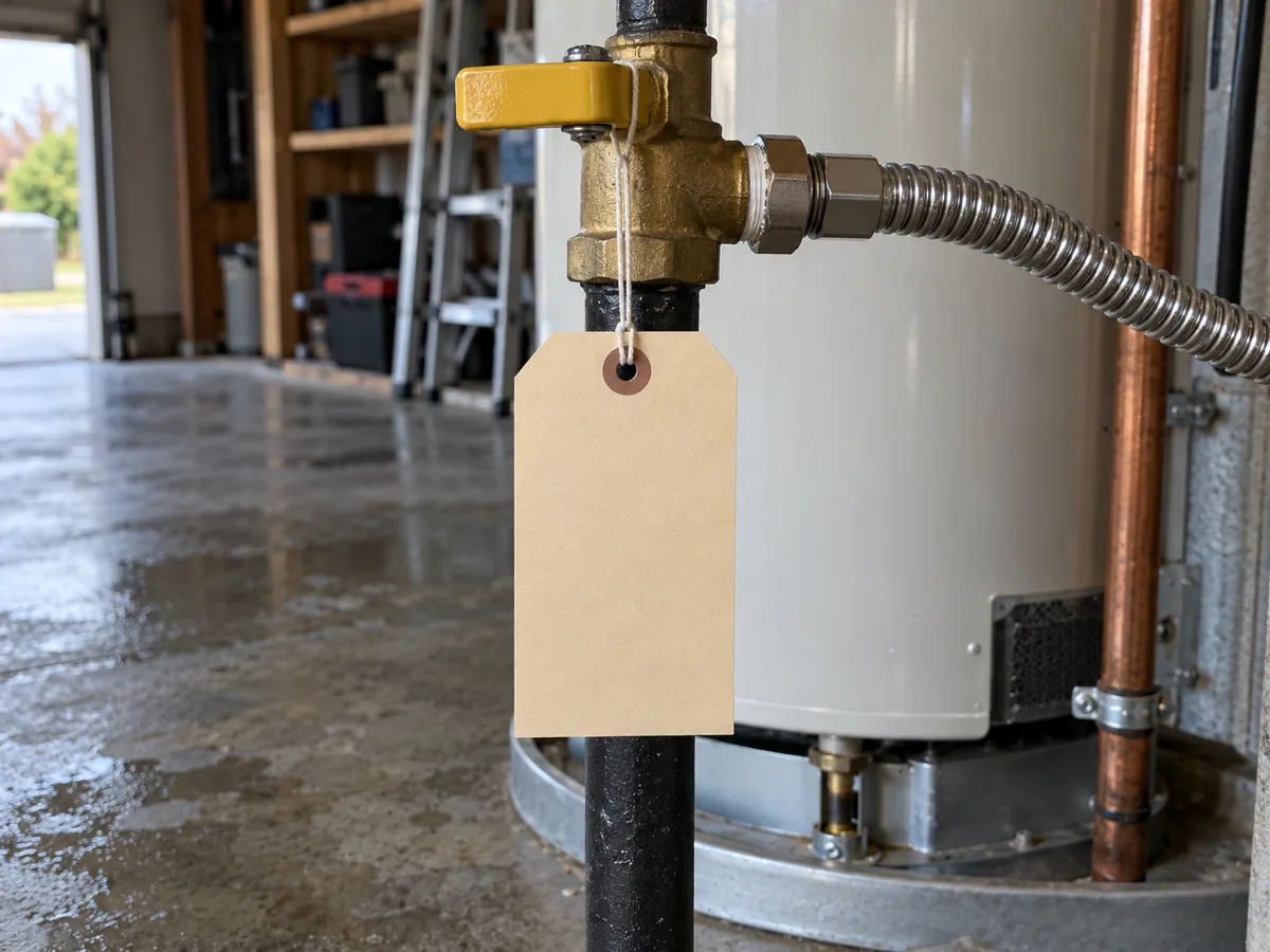 Blank inspection tag on the gas line of a replaced water heater after the city permit, Dallas, TX