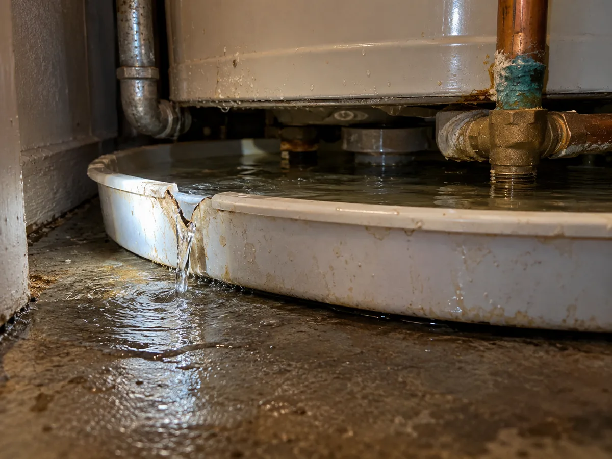 Full plastic drain pan with a crack under a closet water heater in a Dallas, TX apartment