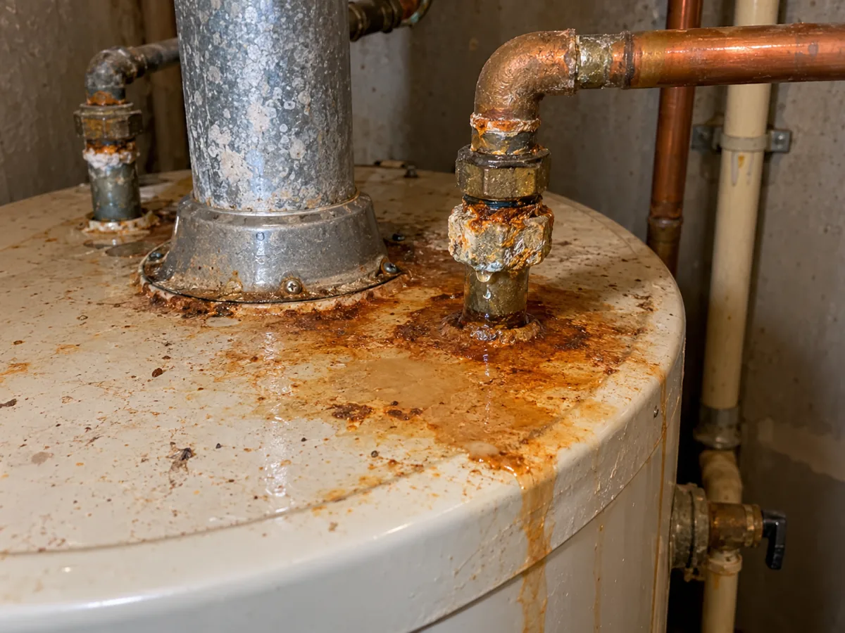 Rusted galvanized nipples on top of an older water heater in Dallas, TX, with a drip at the cold inlet