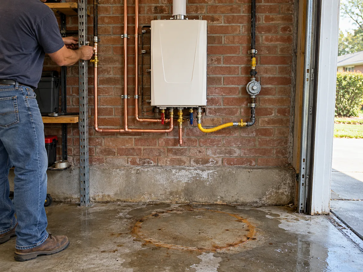 New tankless water heater mounted where a failed tank stood, its rust ring still on the floor of a Dallas, TX garage
