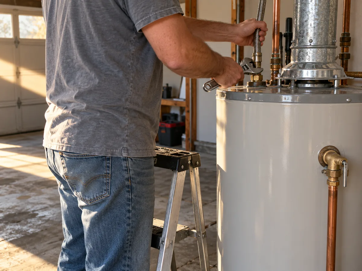 Owner tightening a connector on the water heater in the homestead they live in, Dallas, TX garage