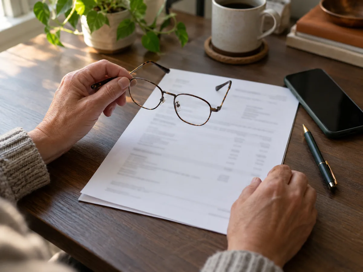 Homeowner reading a plumber's license number on paperwork before water heater work, Dallas, TX