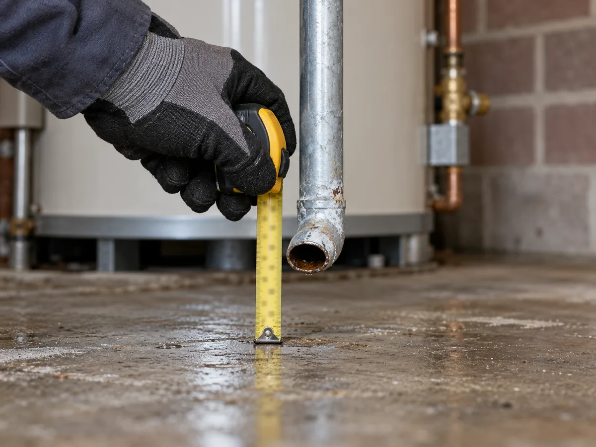 Tape measure checking a relief line's height above the floor, a plumbing code detail the inspector checks, Dallas, TX