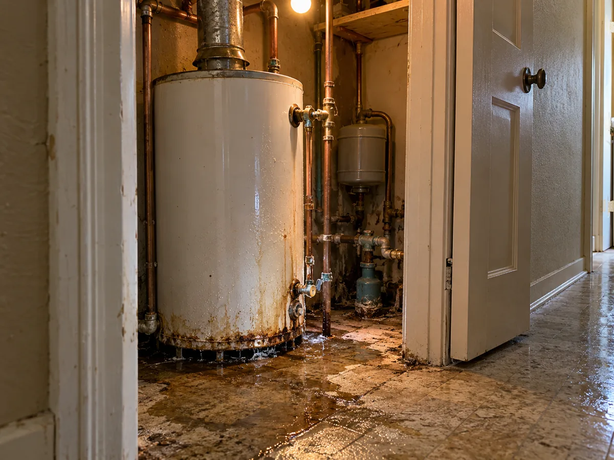 Water heater in an interior utility closet with water spreading over the tile floor in a Dallas, TX home
