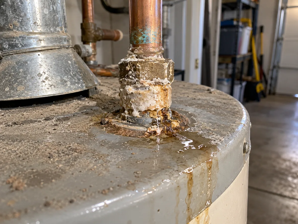 Mineral scale and a drip at a water heater cold inlet fitting in El Paso, TX