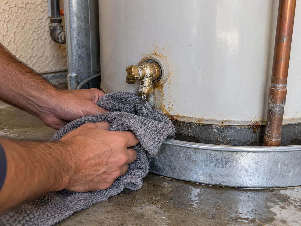 Drying the base of a water heater to watch where water returns at a scale-crusted drain valve, El Paso, TX