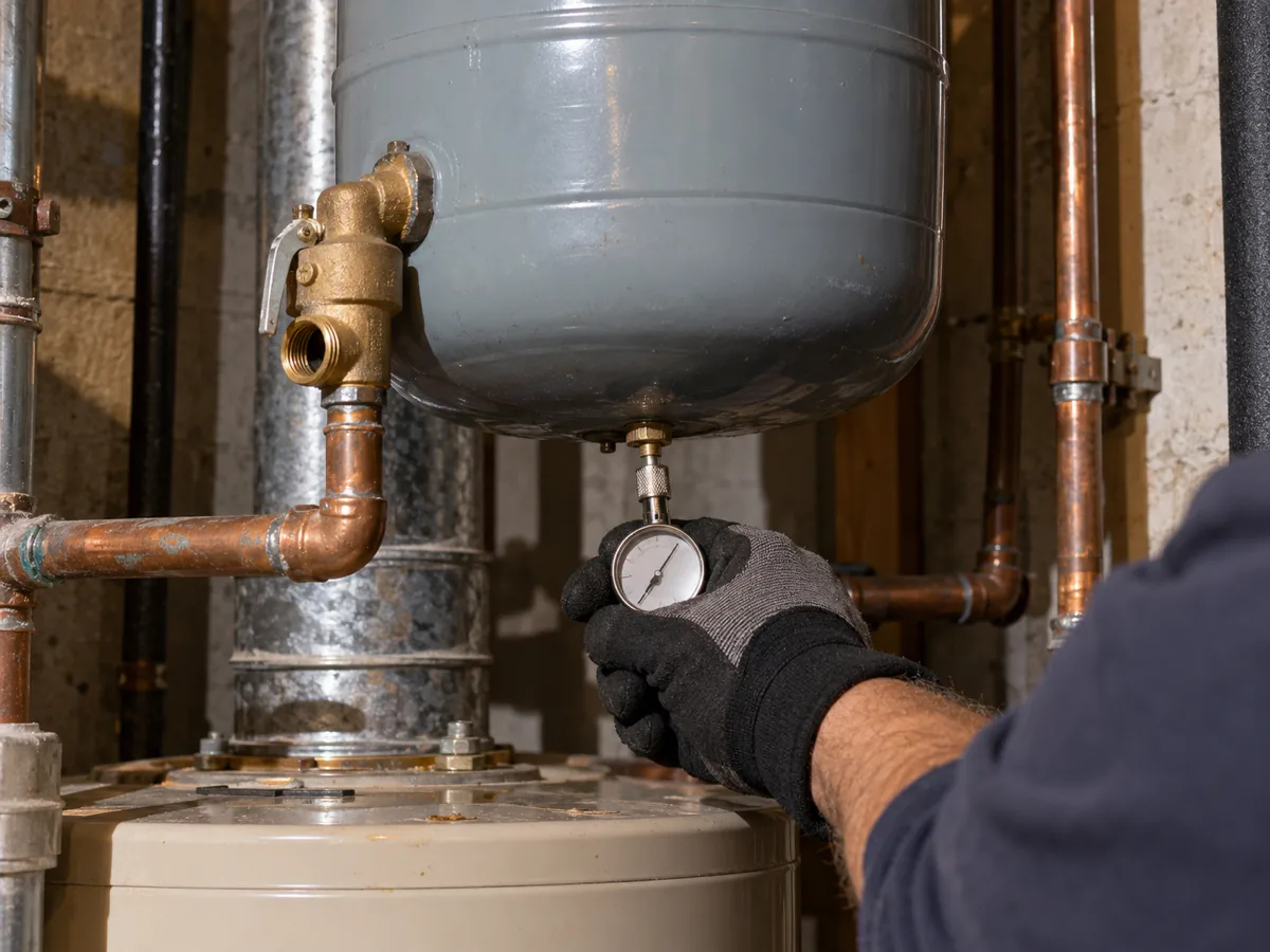 Testing the expansion tank air charge before replacing a dripping relief valve on an El Paso, TX water heater