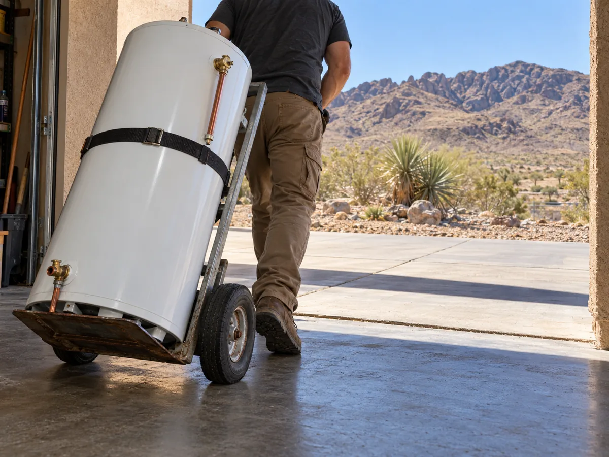 Replacement water heater on a hand truck entering an El Paso, TX garage to replace a failed heater, mountains beyond