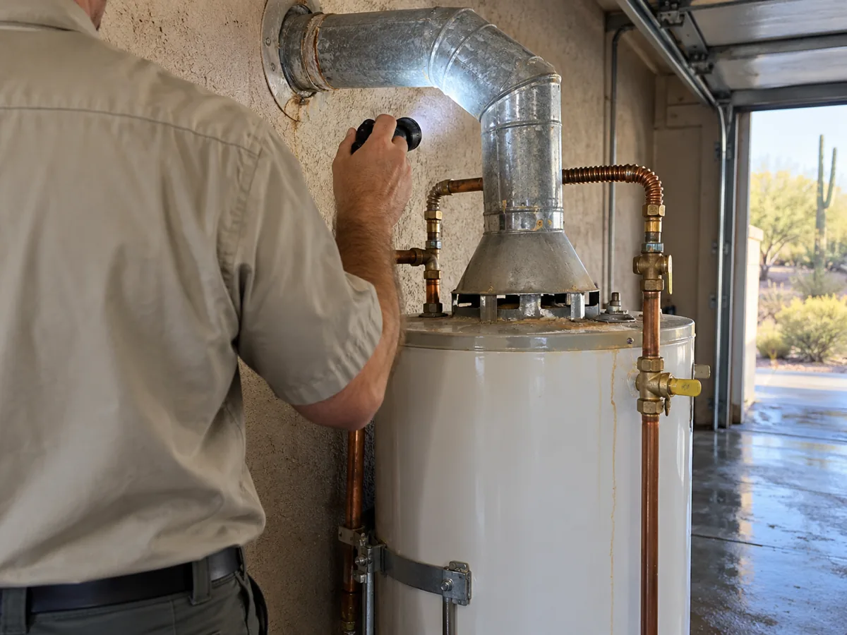 Inspection of a new gas water heater's vent after the plumbing permit, El Paso, TX garage