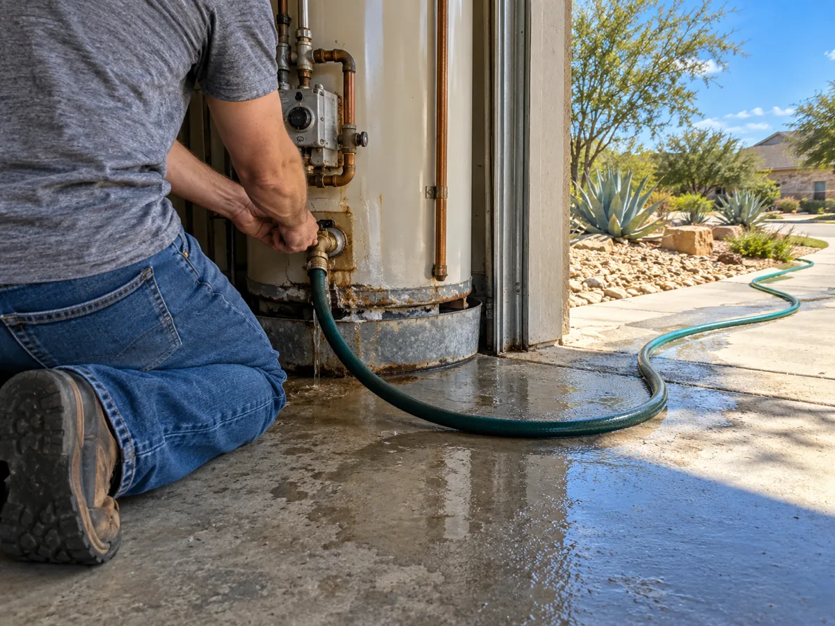 Owner draining the water heater in their own homestead garage before a swap, El Paso, TX