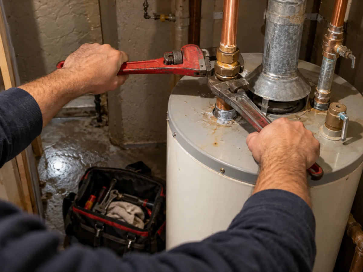 Plumber connecting a water heater, installation work that stays under the Texas plumbing law