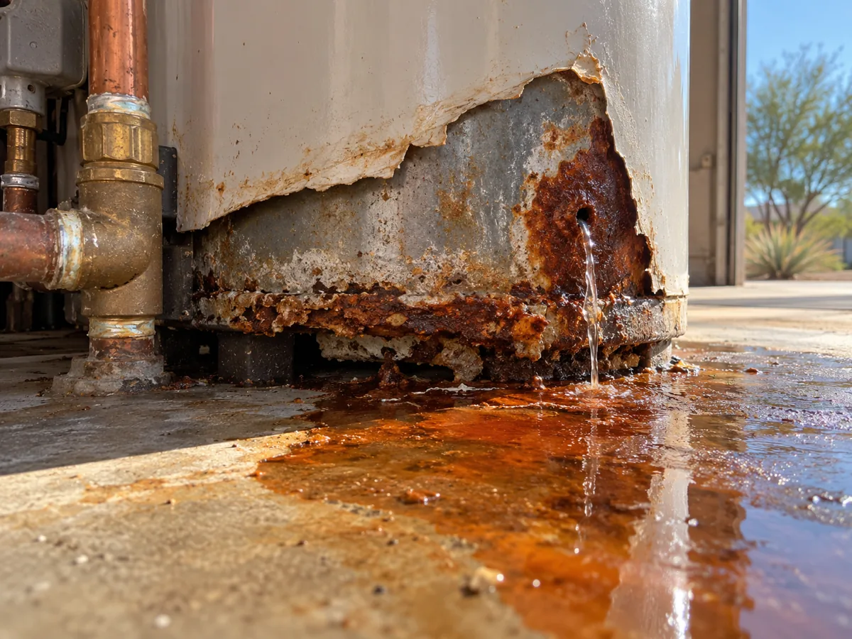 Rusted-through steel shell low on a water heater tank seeping below the jacket, El Paso, TX